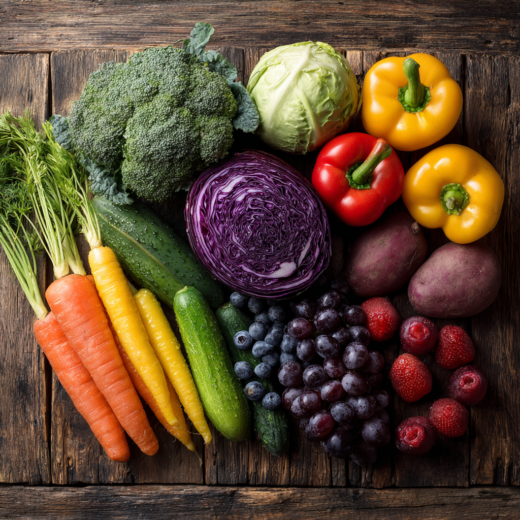 Healthy colorful vegetables and fruits rich in vitamins A C E and lutein arranged on a wooden table