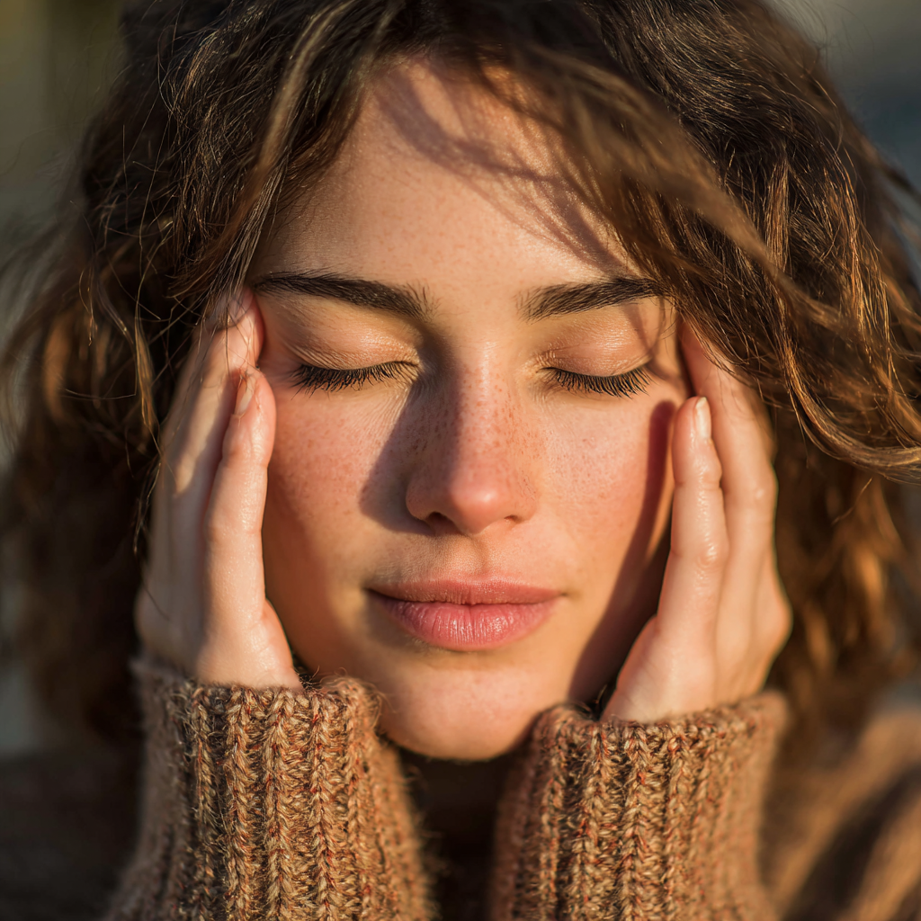 Woman practicing eye exercises outdoors in natural lighting with hands gently placed near eyes